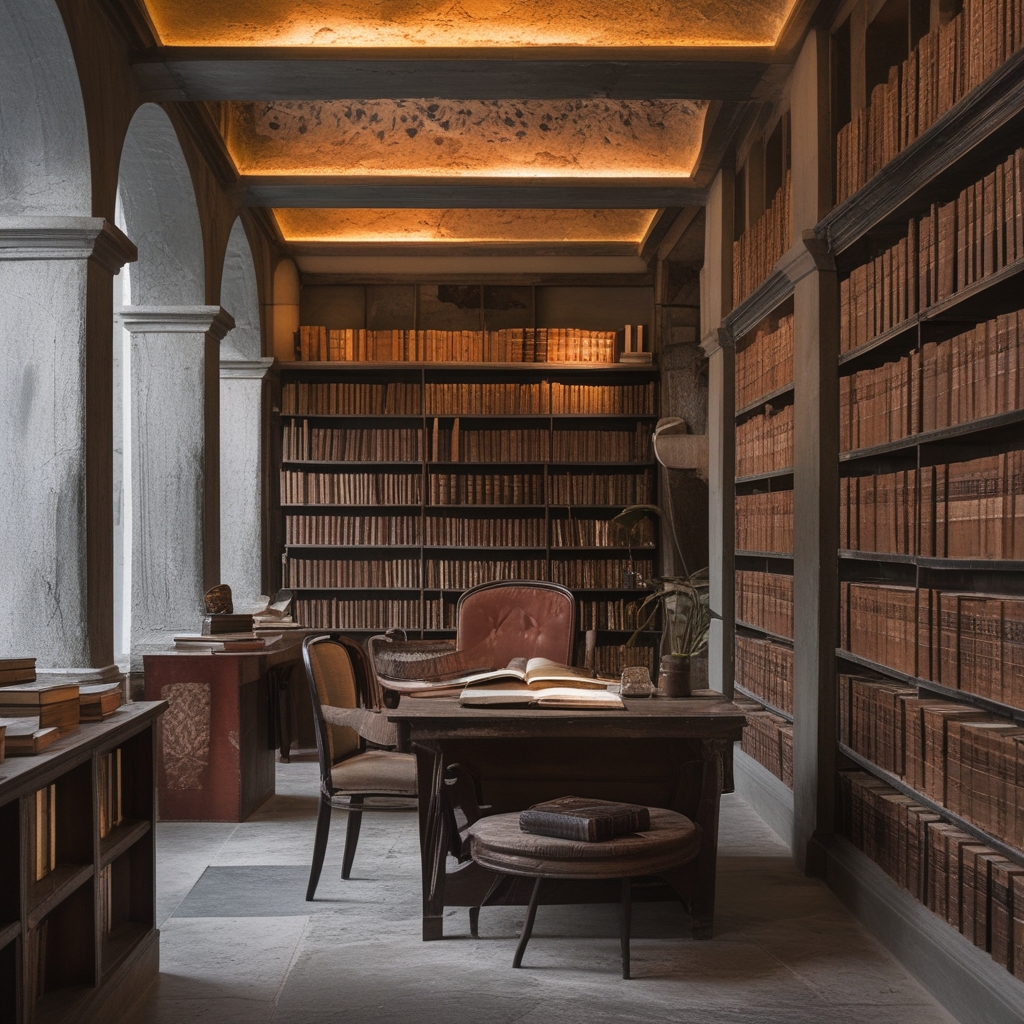 Wnętrze biblioteki lub czytelni z wysokimi drewnianymi półkami pełnymi ksiązek, ciepłe punktowe oświetlenie na stole z otwartą książką i notatkami, atmosfera skupionego studium i spokojnej nauki