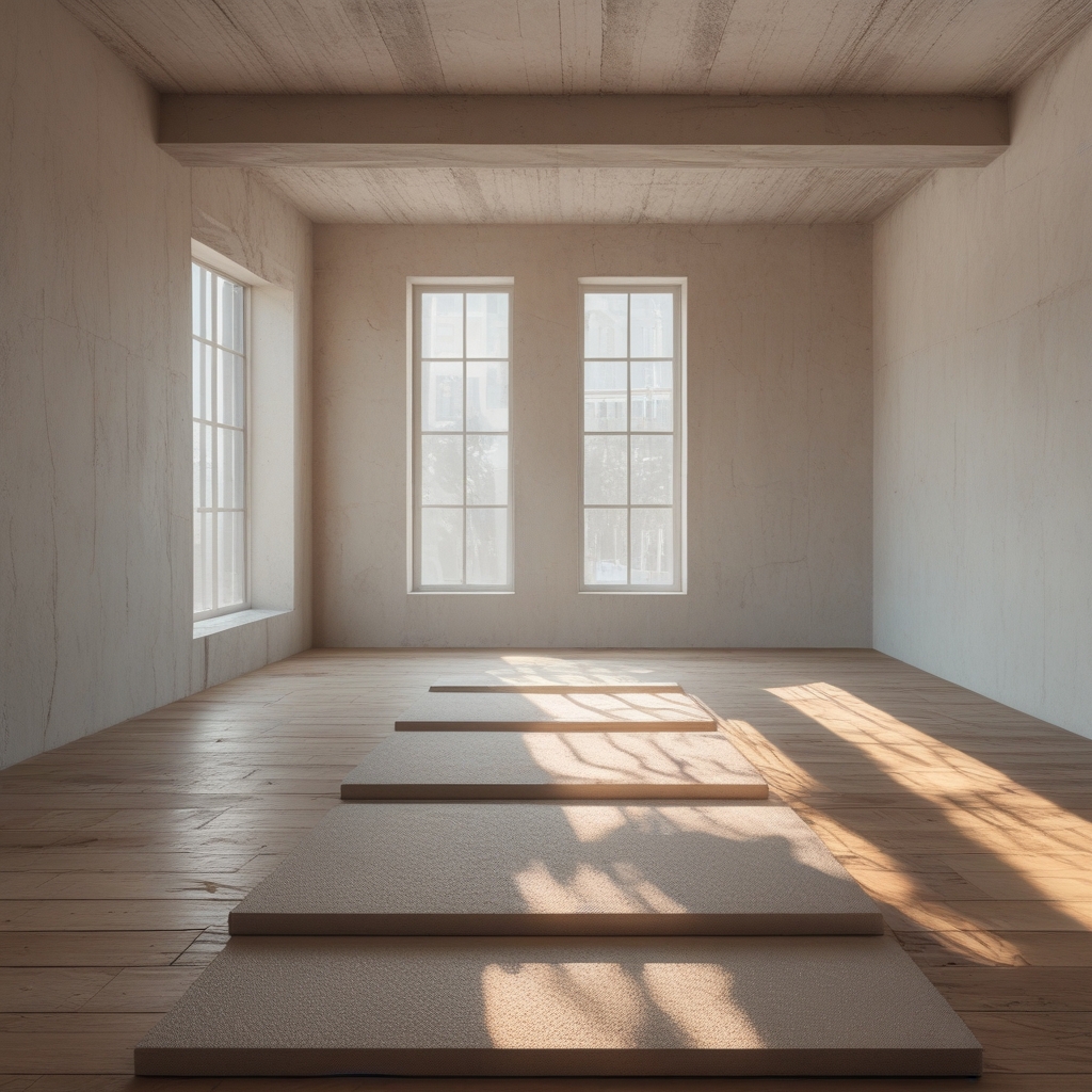 Jasne, minimalistyczne studio do ćwiczeń z drewnianą podłogą, wysokimi oknami przepuszczającymi naturalne światło i matami do jogi ułożonymi w równych rzędach, widok bez ludzi podkreślający spokojną atmosferę miejsca do praktyki