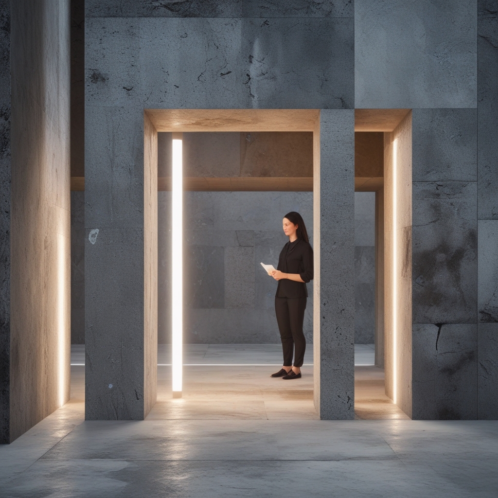 Osoba przy biurku wstaje i wykonuje delikatny skłon boczny przy oknie biurowym, naturalne światło dzienne, spokojne otoczenie nowoczesnego miejsca pracy