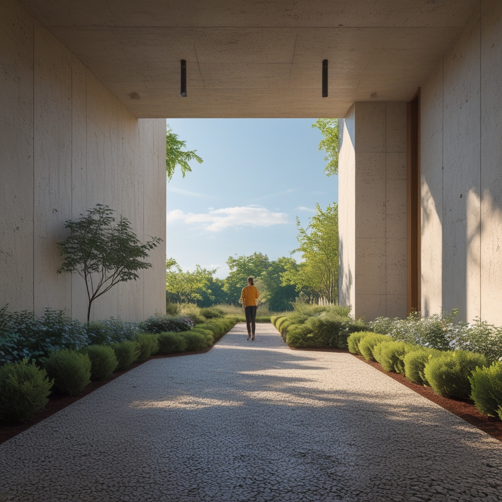 Widok z boku osoby spacerującej po parku wzdłuż alei z drzewami, jesienne liście na ścieżce, miękkie popołudniowe światło, atmosfera spokojnego spaceru