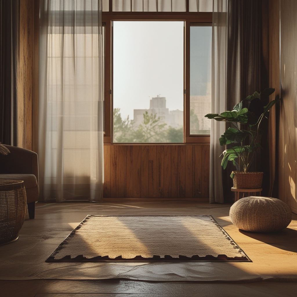 Mata do jogi rozwinięta na podłodze w jasnym pokoju przy oknie z porannym światłem, obok świeca i szklanka wody, gotowość do porannej praktyki ruchowej