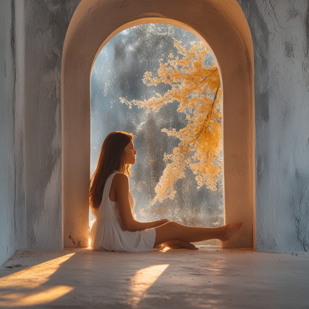 Kobieta w spokojnej pozie medytacyjnej na drewnianej podłodze jasnego studia, widok z boku, długie naturalne oświetlenie wpadające przez wysokie okno tworzy dramatyczne cienie, stonowane ciepłe kolory, atmosfera skupienia i wewnętrznego spokoju